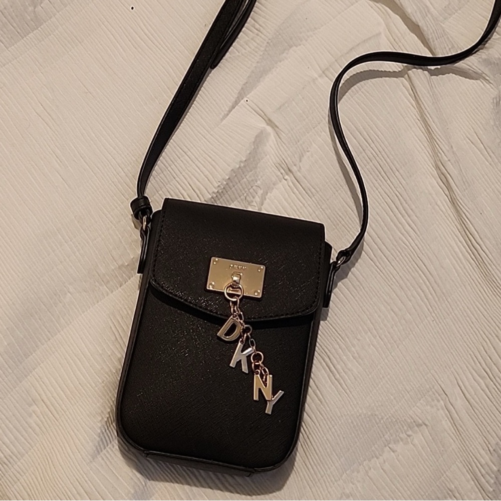 DKNY Cleo Flap Phone Crossbody Bag Black Charm Dangle Letters Gold